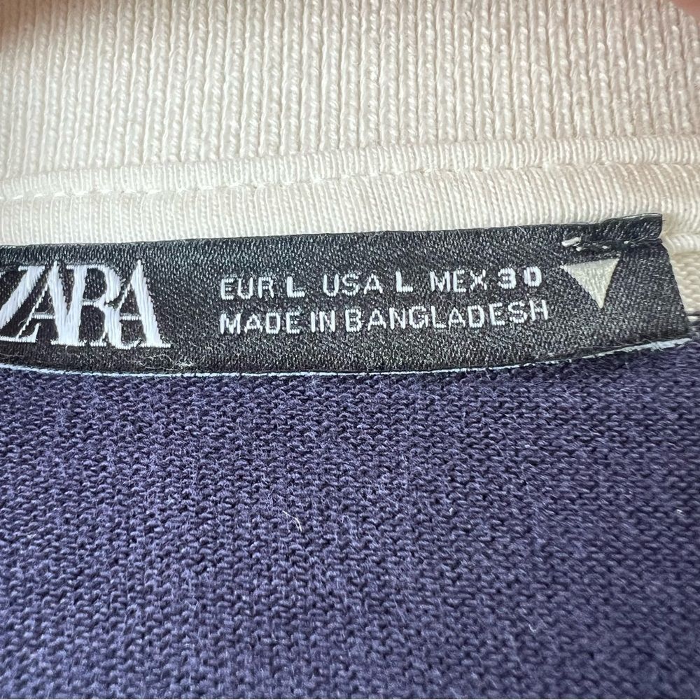 Zara Navy White Striped Long-Sleeve Cotton Rugby Preppy Polo Shirt Top SZ L - Picture 7 of 11